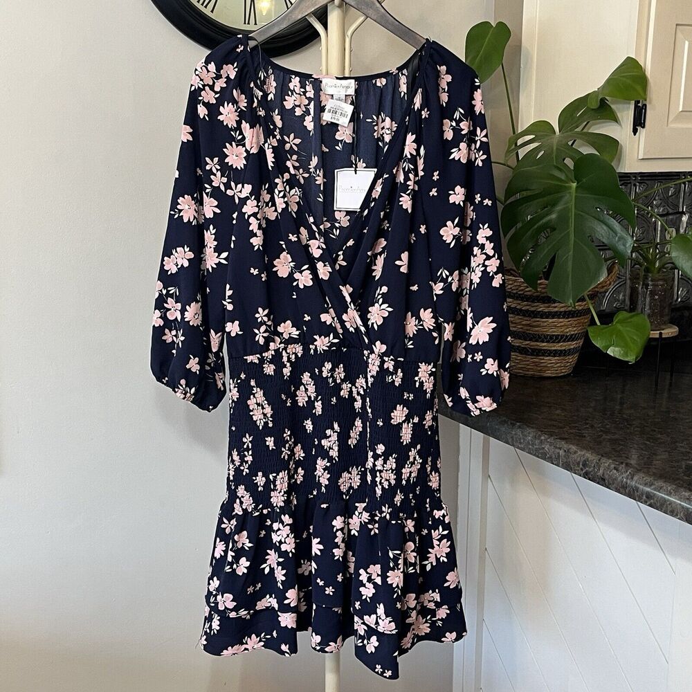 NWT $79 Premier Amour Sz 12 Black Pink Floral 3/4 Sleeve Boho Knee Layered Dress